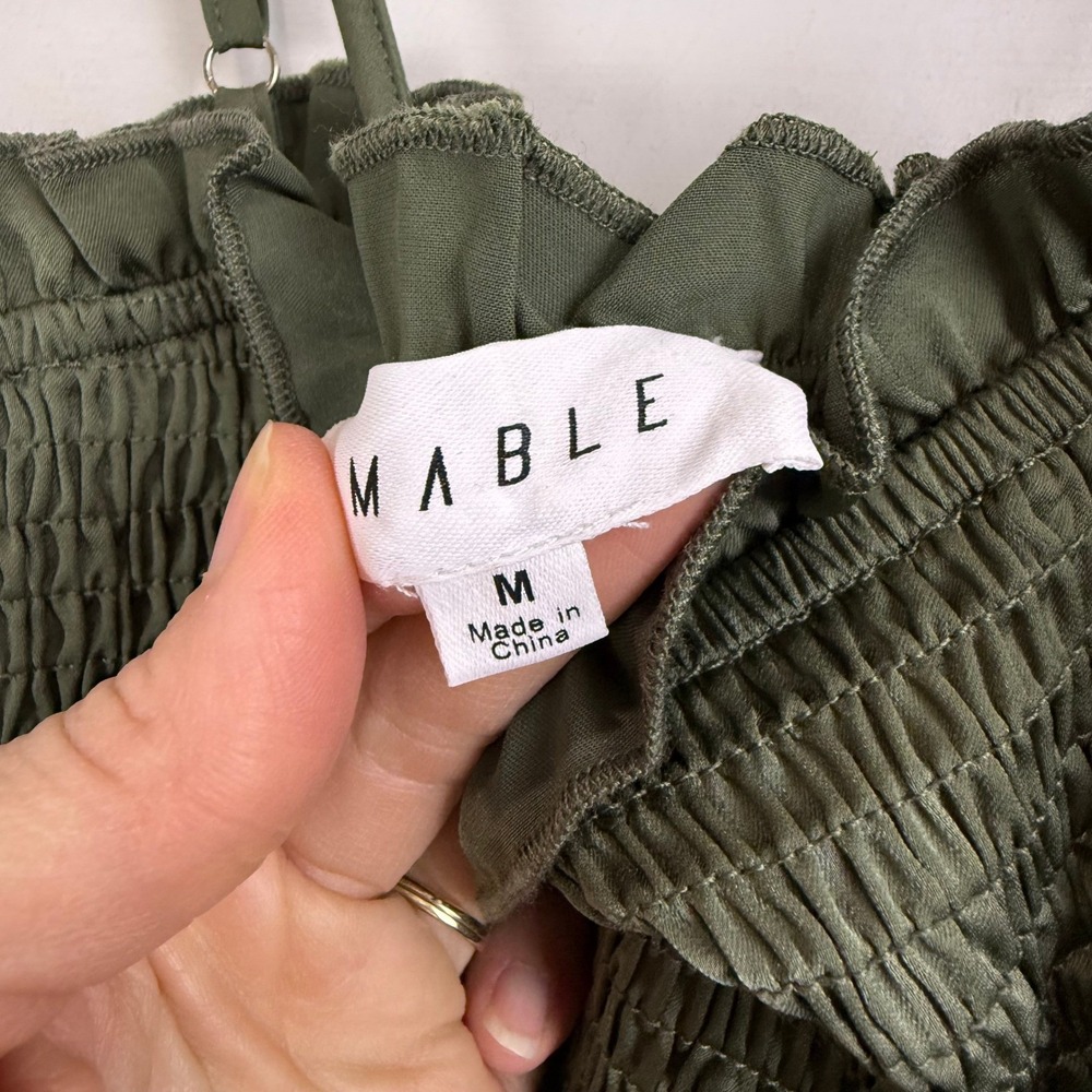 Mable ESME Green SATEEN Smocked Tiered Ruffle MIDI Dress Spaghetti Strap WOMEN M - Picture 4 of 10